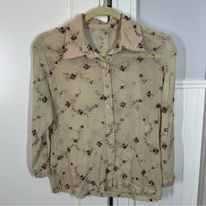 Vintage Tan Beige Floral‎ Embroidered Semi- sheer Button-Up Blouse cottagecore